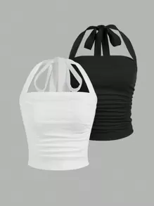 SHEIN EZwear 2pcs Solid Ruched Halter Top - Black and White - View 7