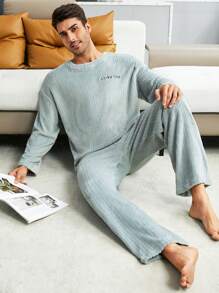 Men Letter Embroidery Drop Shoulder PJ Set / Pajama Set - Grey - View 2