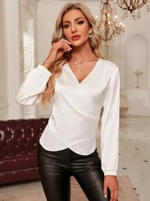 SHEIN Clasi 純色裹身正面緞面襯衫 - 白色 - 查看 4