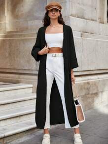 RueChic Solid Open Front Longline Cardigan - Black - View 5