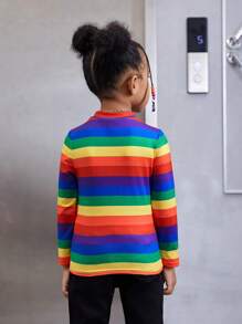 SHEIN 年轻女孩基本款休闲彩虹条纹立领长袖针织上衣，秋冬 - 彩色 - 查看 2