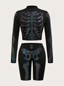 SHEIN ICON Halloween Reflective Skeleton Print Top & Biker Shorts, Neon Glow Party Outfit - Black - View 2