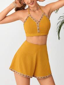Soleia 撞色飾邊繫帶露背掛脖上衣和短褲 - 黃色 - 查看 5
