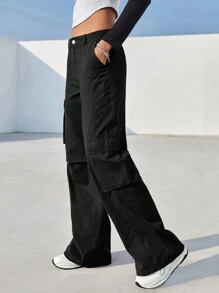 SHEIN EZwear Flap Pocket Side Cargo Pants - Black - View 4