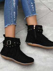 Fall/Winter Women's Round Toe Studded Fringe Side Zipper Flat Fashion Boots - Black - View 7