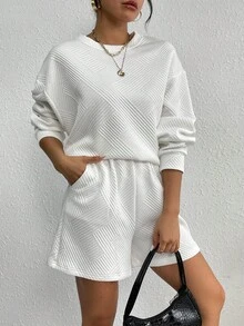 Drop Shoulder Sweatshirt & Shorts - White - View 5