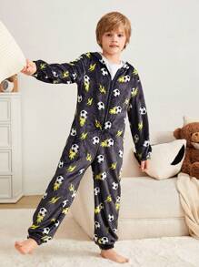 SHEIN Tween Boy Soccer Print Hooded Sleep Jumpsuit - Multicolor - View 3