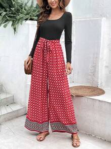 SHEIN VCAY Geo Print Belted Wide Leg Pants - Multicolor - View 5