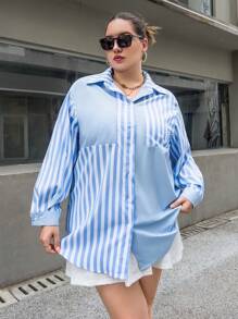 SHEIN Essnce 大碼條紋印花落肩袖襯衫 - 藍色 - 查看 4