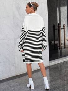 EURMUSE 條紋圖案落肩袖毛衣洋裝 - 黑與白 - 查看 2