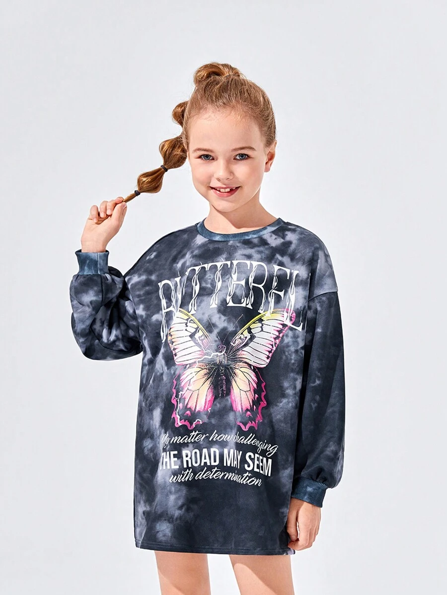 SHEIN Tween Girl Tie Dye Butterfly & Slogan Graphic Drop Shoulder Sweatshirt Dress - Black - View 1
