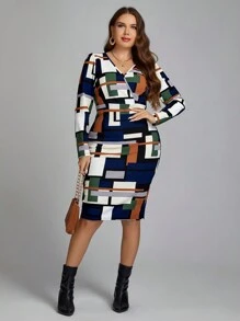 SHEIN Clasi 大碼幾何印花翻領修身洋裝 - 彩色 - 查看 1