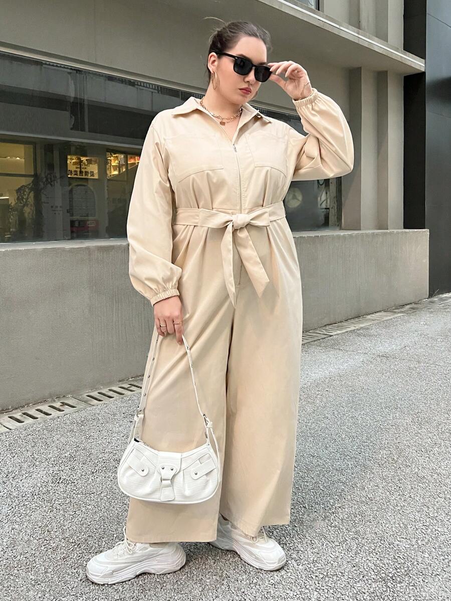 SHEIN Essnce Plus Solid Belted Wide Leg Jumpsuit - Apricot - View 1