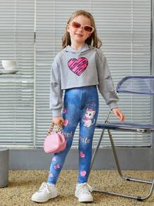 SHEIN Young Girl Unicorn & Letter Graphic Denim Effect Leggings - Blue - View 5