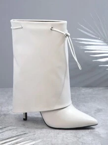 SHUZIA Minimalist Drawstring Detail Point Toe Boots - Beige - View 2
