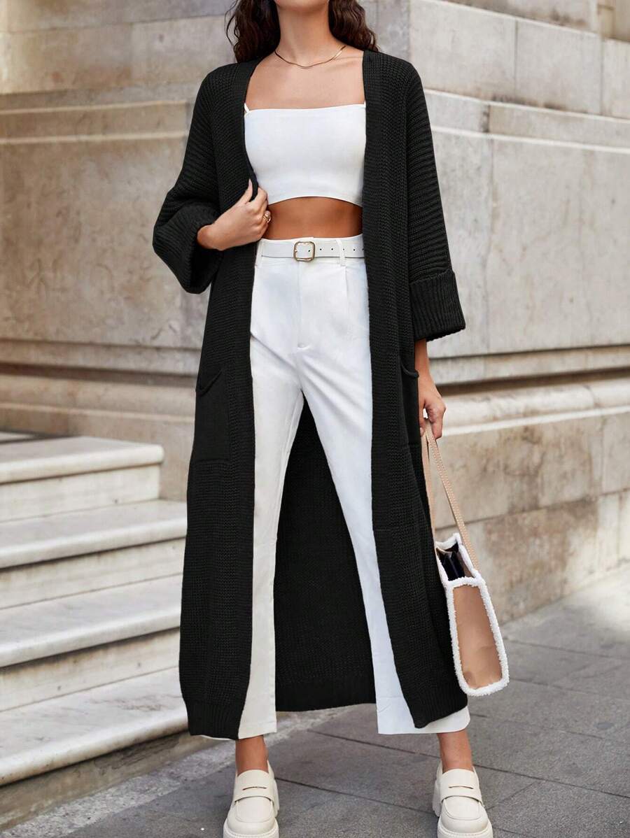 RueChic Solid Open Front Longline Cardigan - Black - View 1