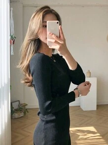 DAZY 纯色罗纹针织毛衣裙，秋季女装