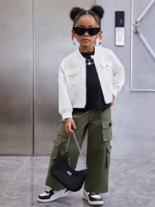 SHEIN Young Girl Flap Pocket Bomber Jacket - White - View 6