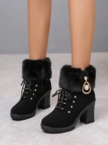 Autumn/winter New Arrival High Heel Short Boot With Side Zipper And Plush Lining For Women's Casual Fashion And Warmth - Black - View 5