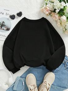 Tween Girl 1pc Slogan Graphic Drop Shoulder Thermal Lined Tissue Sweatshirt - Black - View 2
