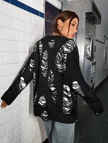 SHEIN EZwear Rách Thả vai Vòng cổ Áo len - Đen và trắng - Xem 2