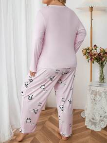 大碼熊貓和字母圖案睡衣套裝 - 粉色 - 查看 2