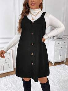 SHEIN Frenchy Plus Button Front Overall Dress Without Sweater - Black - View 3