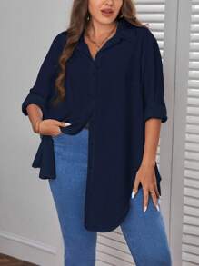 SHEIN Essnce Plus Roll Tab Sleeve Curved Hem Shirt - Navy Blue - View 1