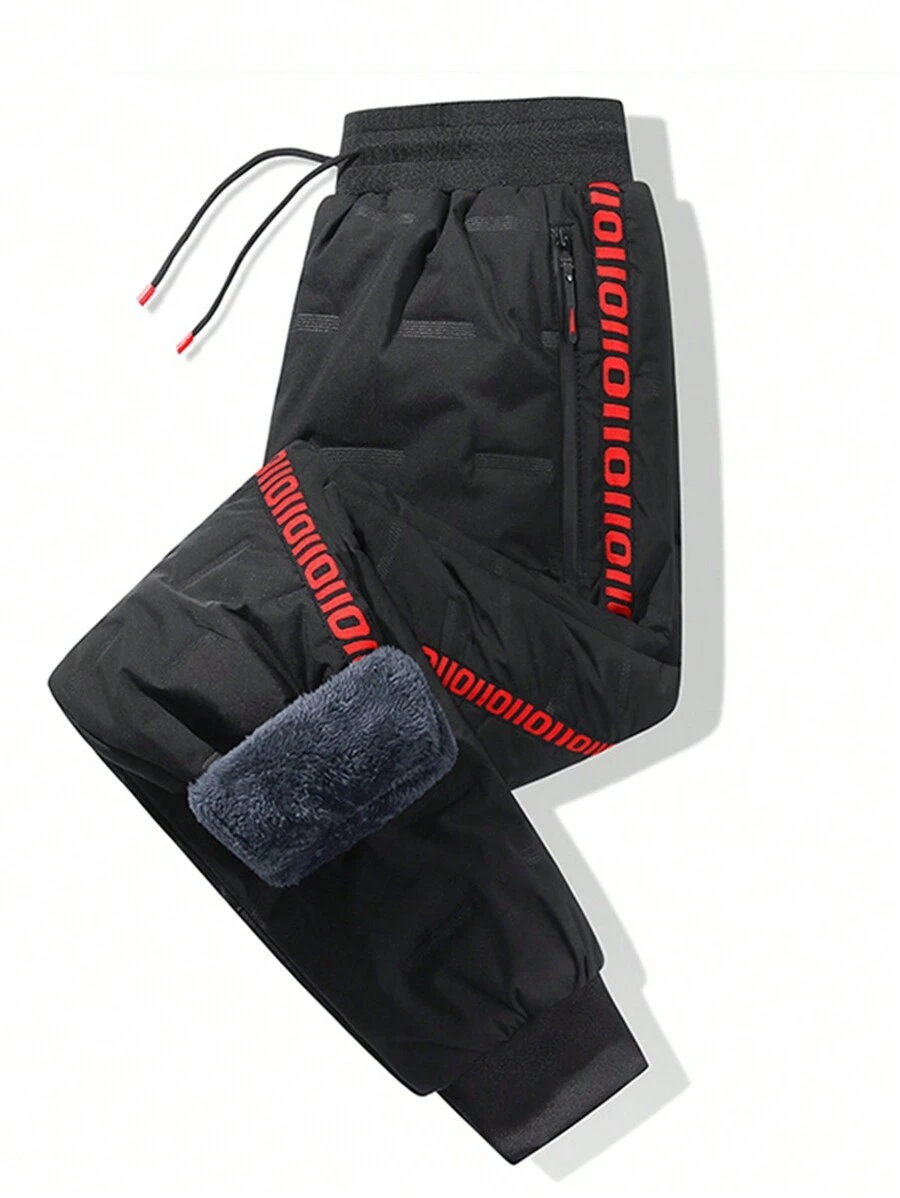 Men Letter Graphic Thermal Lined Drawstring Waist Pants, Fall/Winter - Black - View 1