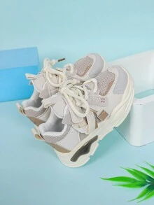 鞋帶、魔術貼固定,編織裝飾,拼接色塊粗底運動鞋,校園風格 - 棕色 - 查看 5