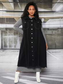 SHEIN CURVE+ 加蓋袋毛邊牛仔背心夾克 - 黑色 - 查看 4