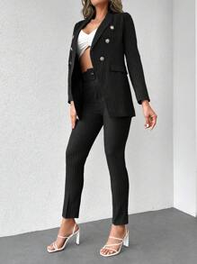 SHEIN Cottnline Double Breasted Blazer & Pants - Black - View 5
