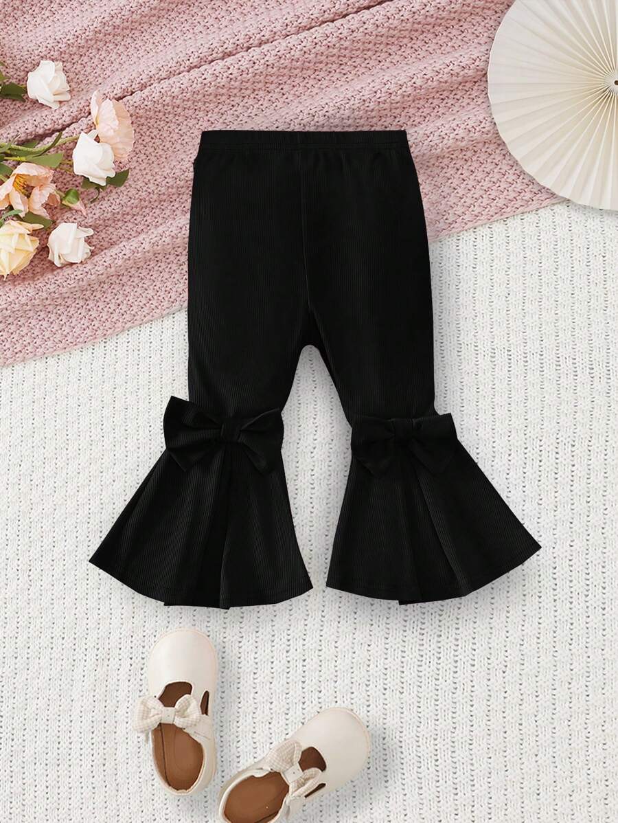SHEIN Leap Crew Black Knitted Elastic Waist Baby Girl Bowknot Flared Pants - Black - View 1