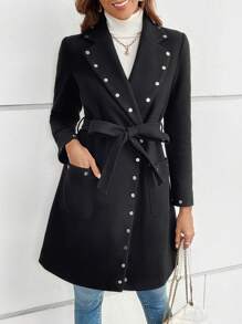SHEIN Clasi 珍珠串珠雙口袋束帶大衣 - 黑色 - 查看 1