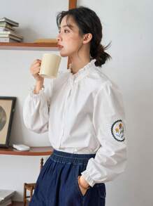 FRIFUL 花卉刺繡褶邊泡泡袖襯衫 - 白色 - 查看 7