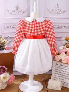 SHEIN 女小童千鳥格印花彼得潘領喇叭袖繫腰帶洋裝 - 彩色 - 查看 2