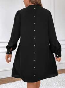 SHEIN Frenchy Plus Button Back Lantern Sleeve Dress - Black - View 1
