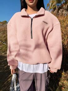 DAZY Letter Patched Detail Drop Shoulder Half Zipper Fleece Sweatshirt,Fall Women Clothes - Coral Pink - View 5