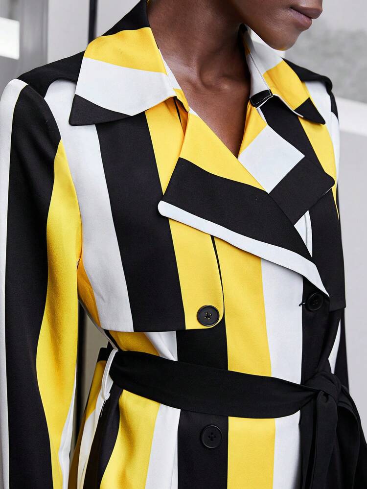 SHEIN Maija Striped Print Belted Trench Coat