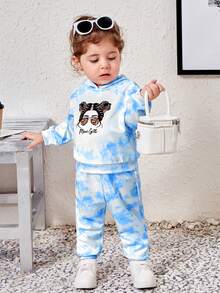 SHEIN Baby Girl Tie Dye Figure Graphic Hoodie & Sweatpants - Blue and White - View 3