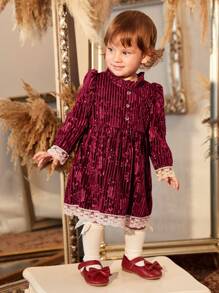 Váy đầm ren tương phản cho bé gái - Màu Đỏ Sâu - Xem 1