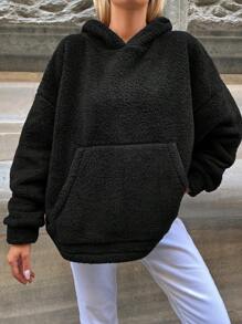 EURMUSE Kangaroo Pocket Drop Shoulder Teddy Hoodie - Black - View 3