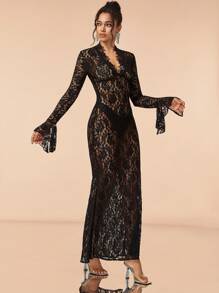 Valentine Flare Sleeve Lace Mermaid Hem Dress,Ladies' Gothic Sexy Clothing,Christmas Dress - Black - View 6