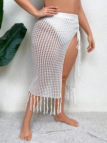 SHEIN Swim Curve Plus Hollow Out Drawstring Side Fringe Trim Cover Up Skirt Without Bikini Bottom - White - View 3