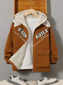 SHEIN Adolescent Garçon 1 pièce Manteau À Capuche À Lettres Poche À Rabat À Doublure Thermique