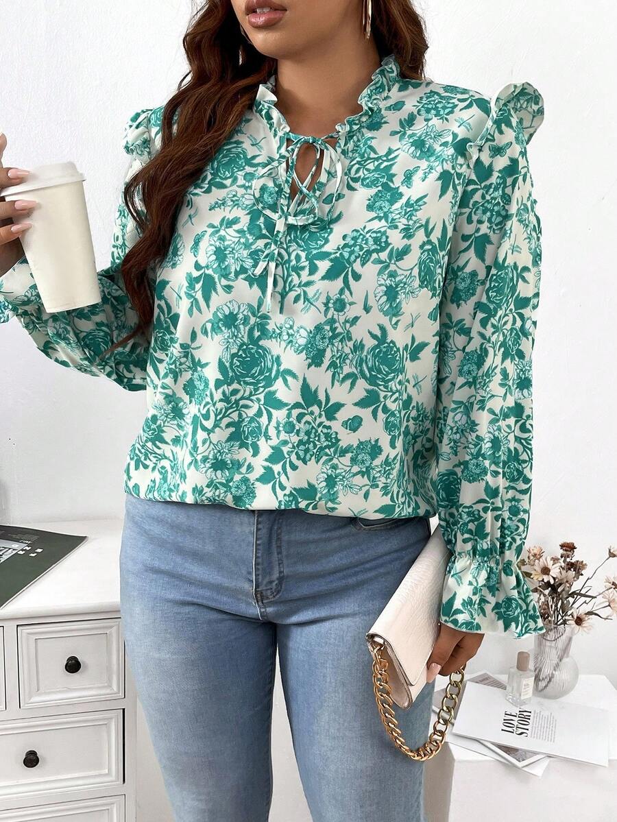 SHEIN Franclia 大碼印花繫帶領荷葉邊荷葉袖襯衫 - 綠色 - 查看 1