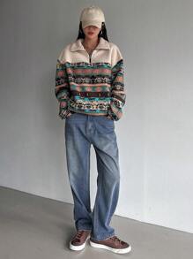 DAZY Geo Print Half Zip Drop Shoulder Sweatshirt Boho,Thermal Lined - Black and White - View 5