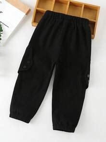 Young Boy Flap Detail Elastic Waist Jogger Pants - Black - View 2