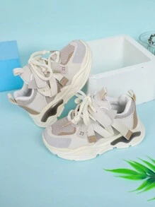 鞋帶、魔術貼固定,編織裝飾,拼接色塊粗底運動鞋,校園風格 - 棕色 - 查看 8