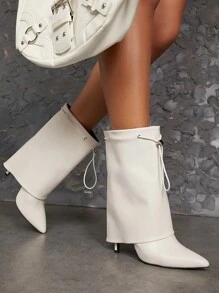 SHUZIA Minimalist Drawstring Detail Point Toe Boots - Beige - View 5